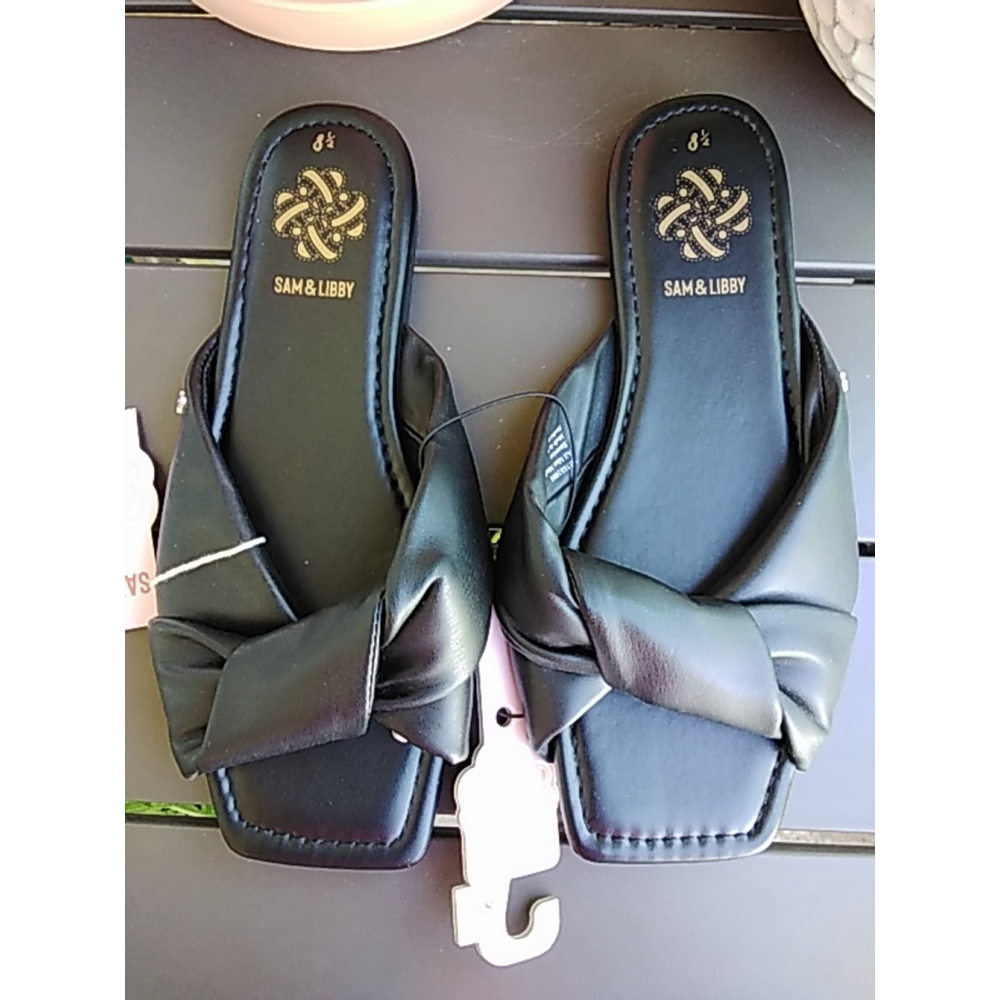 Sam & Libby 8.5 NWT Black Square Toe Bow Slide Sandals Chic Travel Festival - Picture 2 of 9